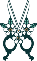 iconic tattoo style image of barber scissors and flowers png