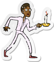 retro distressed sticker of a cartoon frightened man walking with candlestick png