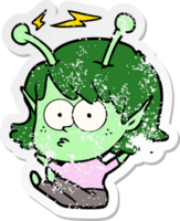 distressed sticker of a cartoon alien girl png