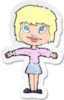 retro distressed sticker of a cartoon woman with open amrs png