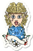 grunge sticker of a elf barbarian character face with natural twenty dice roll png