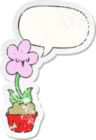 fofa desenho animado flor com discurso bolha angustiado angustiado velho adesivo png