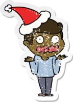 hand drawn distressed sticker cartoon of a man totally stressed out wearing santa hat png