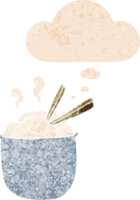 desenho animado tigela do arroz com pensamento bolha dentro grunge angustiado retro texturizado estilo png