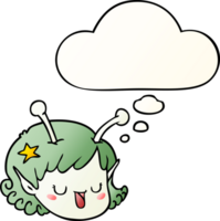 cartoon alien space girl face with thought bubble in smooth gradient style png