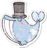 distressed sticker of a cartoon whale with top hat png