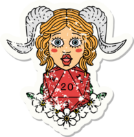 grunge sticker of a tiefling with natural twenty dice roll png