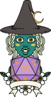 Retro Tattoo Style half orc witch character with natural 20 dice roll png