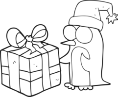 drawn black and white cartoon christmas penguin with present png