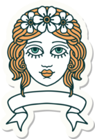 tattoo style sticker with banner of female face with crown of flowers png