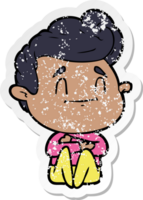 distressed sticker of a happy cartoon man sitting png