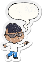 cartoon boy wearing sunglasses pointing with speech bubble distressed distressed old sticker png