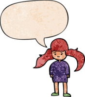 dibujos animados niña con largo pelo con habla burbuja en retro textura estilo png