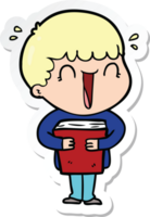 sticker of a laughing cartoon man holding book png