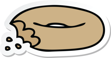 sticker of a quirky hand drawn cartoon bitten bagel png