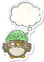 cute cartoon owl in hat with thought bubble as a distressed worn sticker png