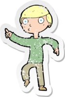 retro distressed sticker of a cartoon boy pointing png