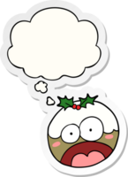 cartoon shocked chrstmas pudding with thought bubble as a printed sticker png