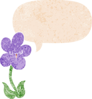 cartoon flower with happy face with speech bubble in grunge distressed retro textured style png
