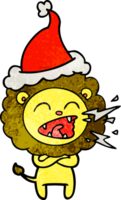 main tiré texturé dessin animé de une rugissement Lion portant Père Noël chapeau png