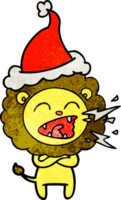 hand drawn textured cartoon of a roaring lion wearing santa hat png