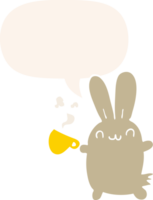 cute cartoon rabbit drinking coffee with speech bubble in retro style png