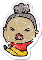 distressed sticker of a cartoon angry old woman png