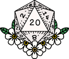 Retro Tattoo Style natural 20 D20 dice roll with floral elements png