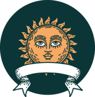 icono de estilo tatuaje con pancarta de un sol con cara png
