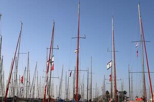 Masts in the port against the blue sky. photo