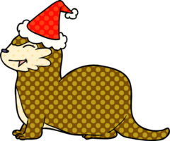 laughing otter hand drawn comic book style illustration of a wearing santa hat png