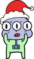 hand drawn line drawing of a three eyed alien wearing santa hat png