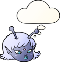 cartoon alien space girl face with thought bubble in smooth gradient style png