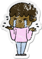 distressed sticker of a cartoon boy crying and shrugging shoulders png