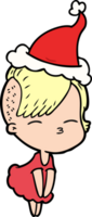 hand drawn line drawing of a squinting girl in dress wearing santa hat png