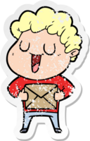 distressed sticker of a laughing cartoon man with parcel png