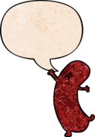 cartoon dancing sausage with speech bubble in retro texture style png