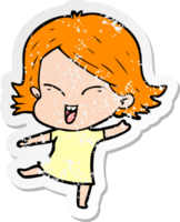 distressed sticker of a happy cartoon girl png