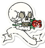 worn old sticker with banner of a skull and rose png