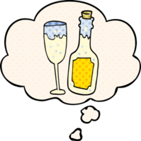 cartoon champagne bottle and glass with thought bubble in comic book style png