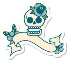 tattoo style sticker with banner of a skull and rose png