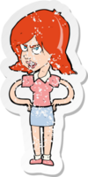 retro noodlijdende sticker van een cartoon geërgerde vrouw met handen op de heupen png