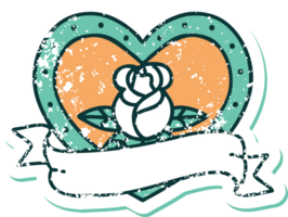 iconic distressed sticker tattoo style image of a heart rose and banner png