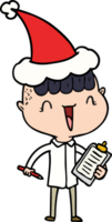 hand drawn line drawing of a happy boy surprised wearing santa hat png