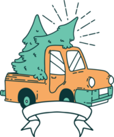 scroll banner with tattoo style truck carrying trees png