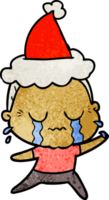 hand- getrokken getextureerde tekenfilm van een huilen oud dame vervelend de kerstman hoed png