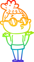 rainbow gradient line drawing of a cartoon woman wearing glasses png