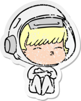 distressed sticker of a cartoon curious astronaut png