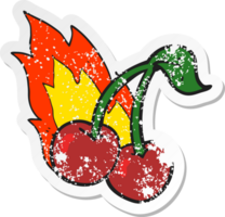 retro distressed sticker of a cartoon flaming cherries png