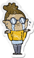 distressed sticker of a cartoon crying woman wearing spectacles png